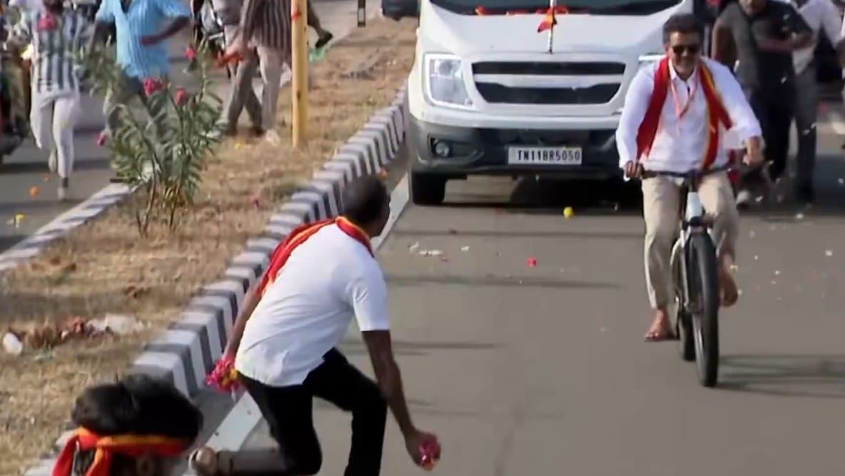 Tamil Nadu Assembly Elections 2026 | 'Mistook flowers for bomb?' TVK chief Vijay jumps off cycle as man throws flower ball at Kanyakumari rally
