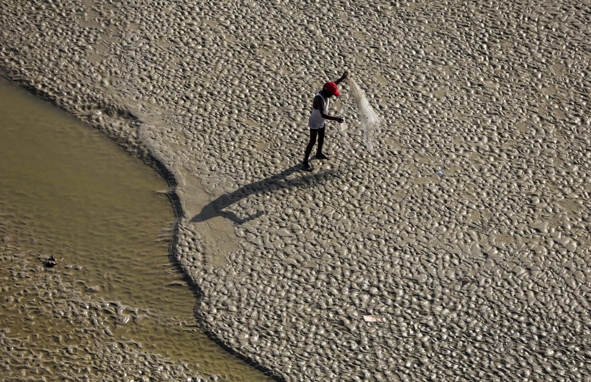 A fisherman cleans his net on the exposed riverbed of the Ganga amid receding water levels on a hot summer day, in Prayagraj