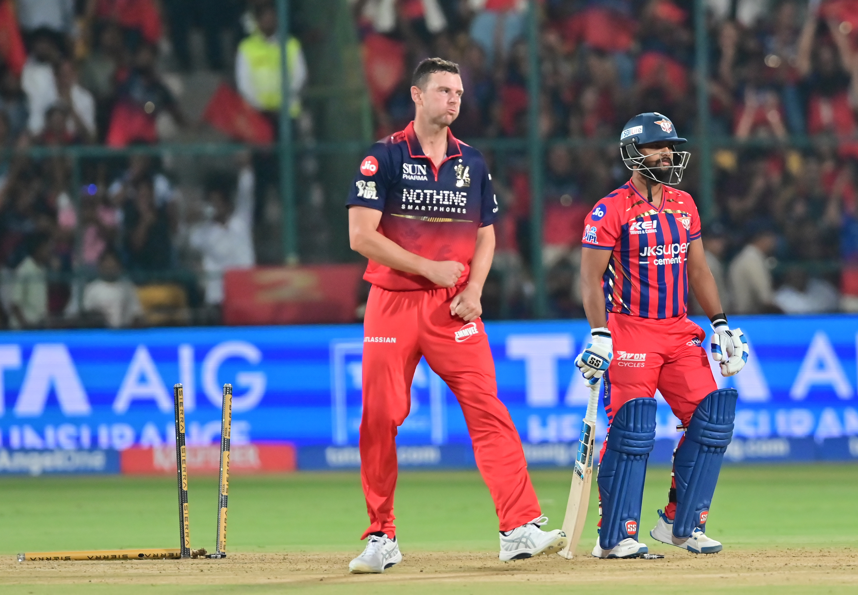 RCB pace troika choked LSG batting as Rasikh Dar (left) took a four-for while Josh Hazelwood was adjudged Player of the Match for a 1/20. Bhuvneshwar Kumar (below) was as impressive with figures of 3/27. DH Photos/ Prashanth HG