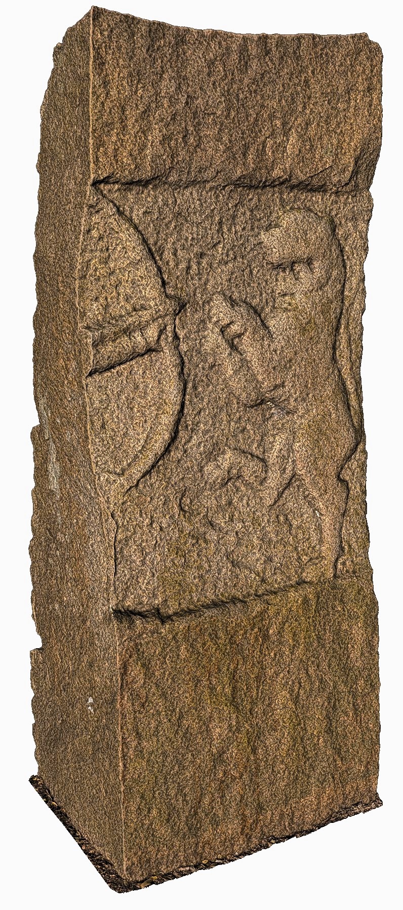 The fragmented 10th-century Hulibete stone at IISc depicts a struggle with a tiger with only the hero’s bow remaining visible. Photo by author