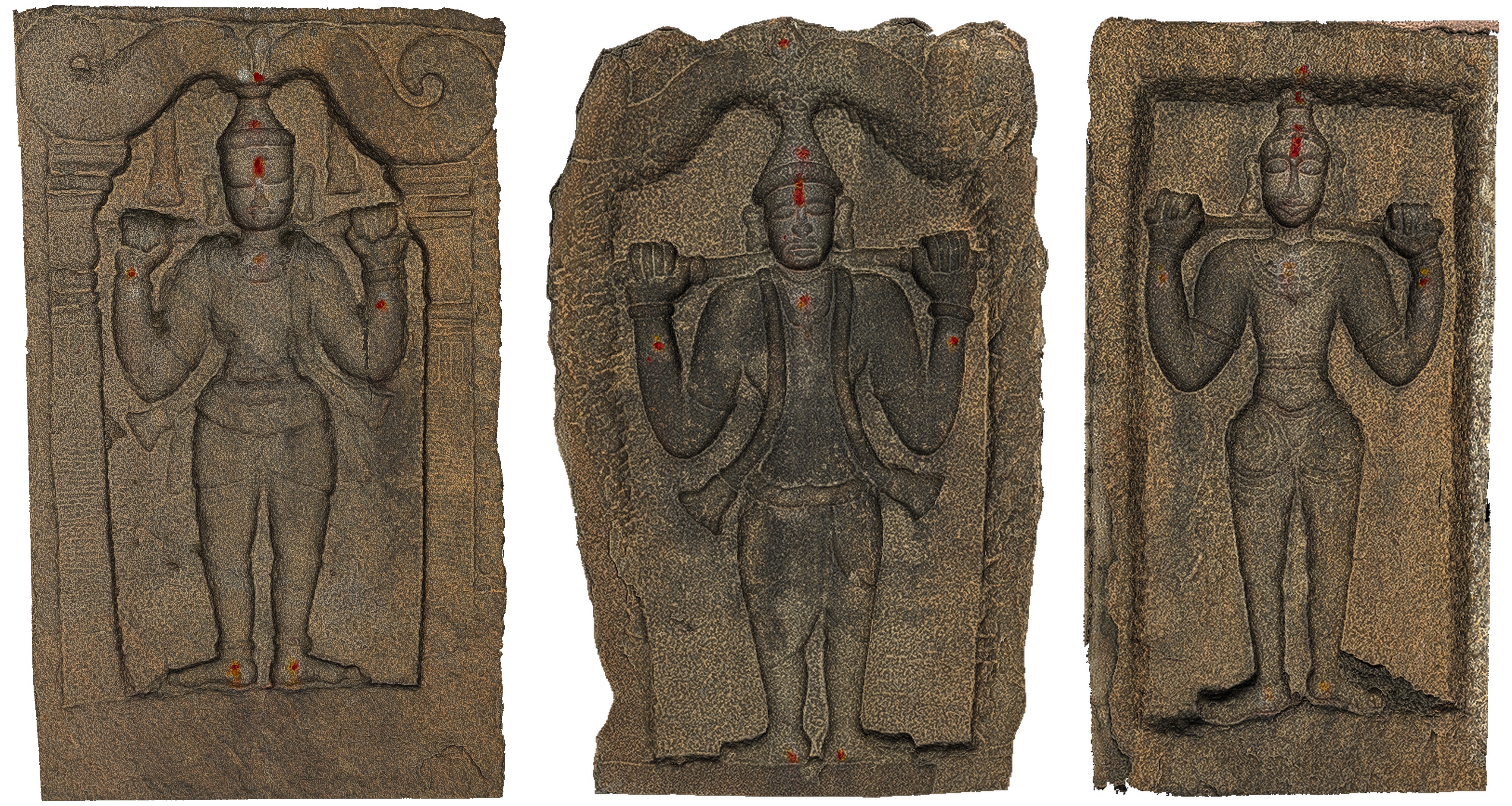 The 13th-century Domlur self-sacrifice memorial depictis three figures. Photo by author