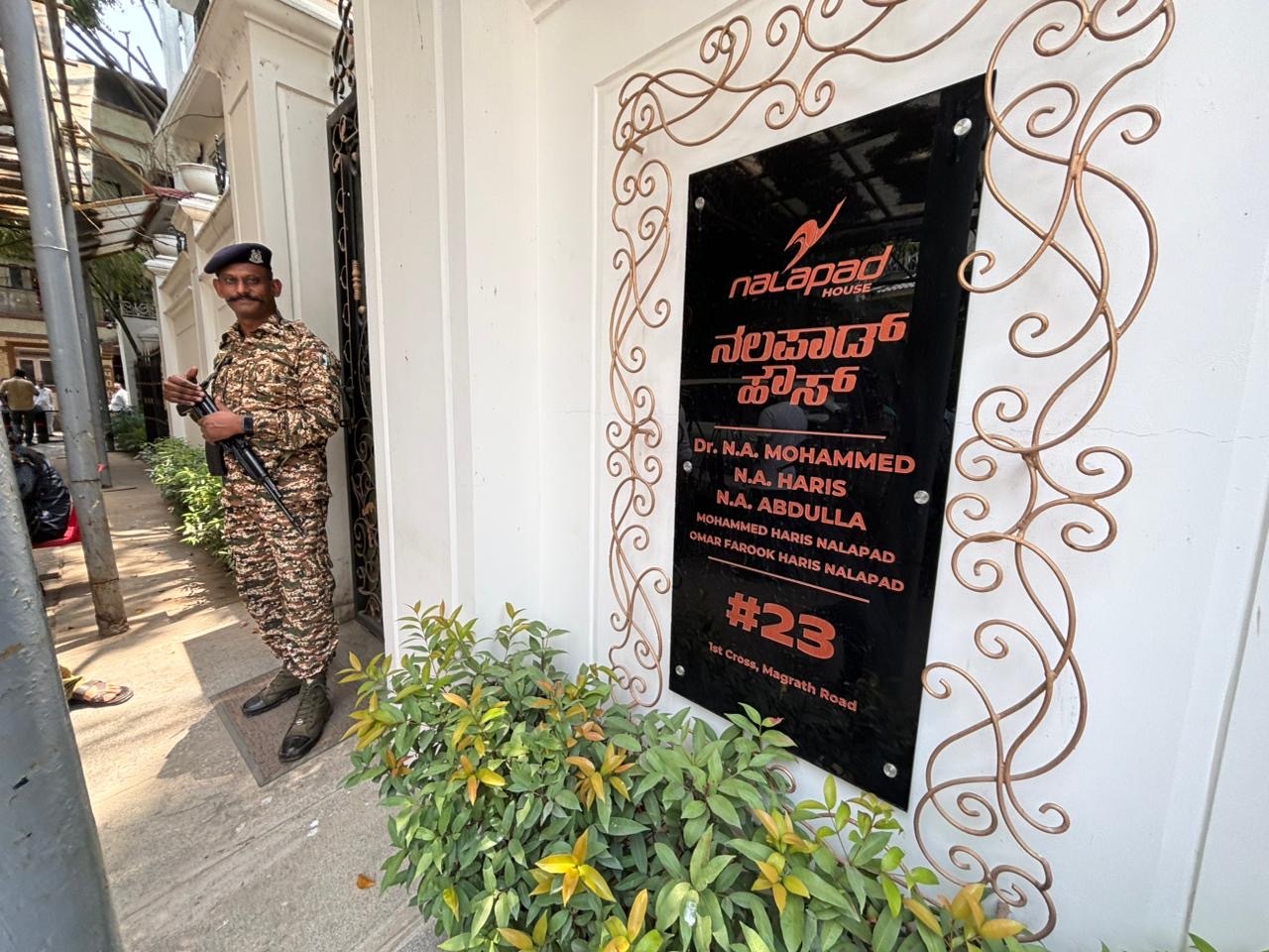 Security personnel outside NA Haris residence in Shanti Nagar, Bengaluru. 
