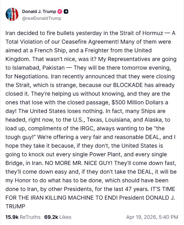 A screenshot of Trump's social media post