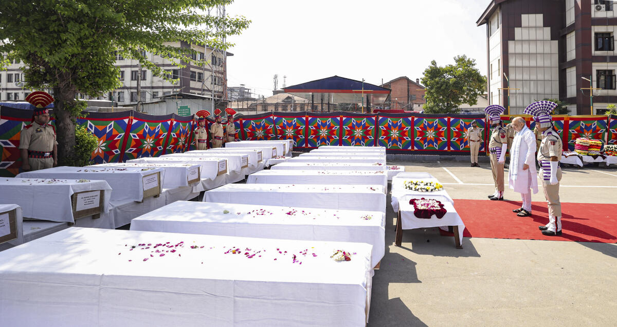 Union Home Minister Amit Shah pays his respects to 26 people killed in the Pahalgam terror attack, in Srinagar, Jammu and Kashmir.