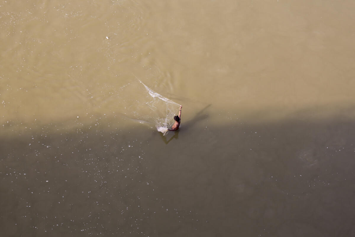 A fisherman casts a net in the Ganga river on the occasion of Earth Day, in Prayagraj