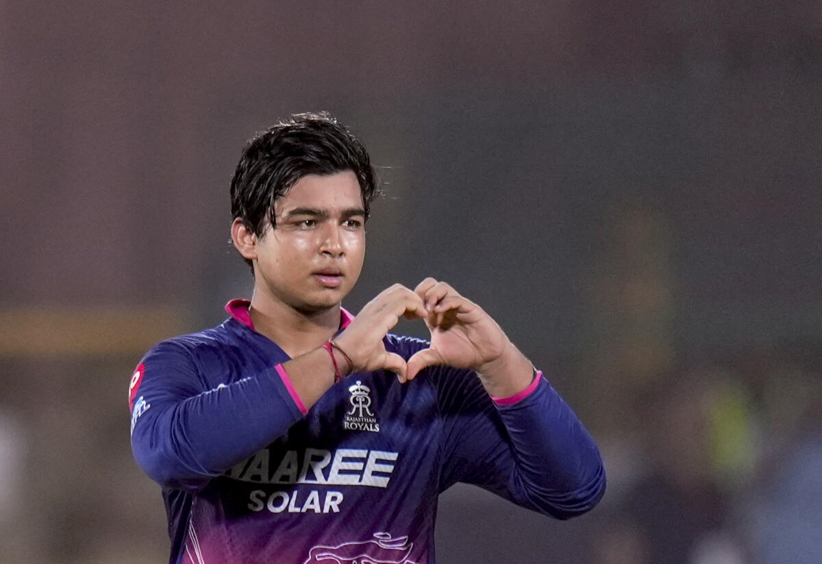 Rajasthan Royals' Vaibhav Sooryavanshi celebrates his century during the IPL match between Rajasthan Royals and Sunrisers Hyderabad.
