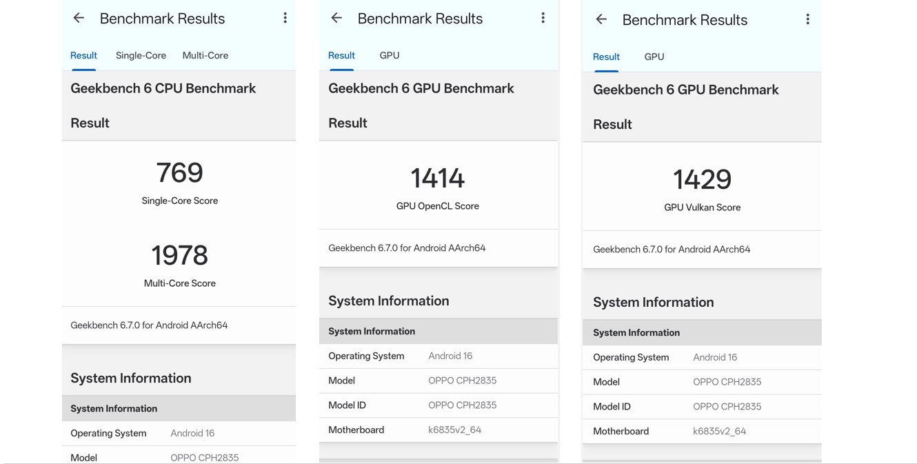 Oppo F33 Pro's CPU and GPU performance score on Geekbench 6.0 app.