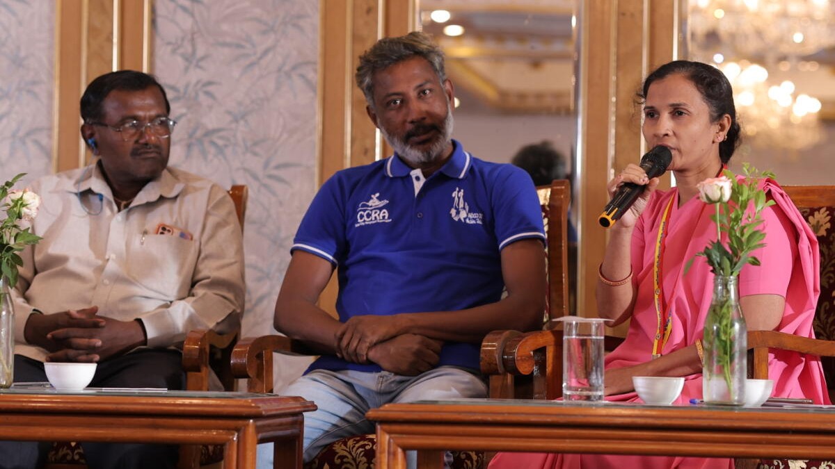 (From left) Lingaraju, a gig worker, dry waste centre operator Mansoor Ghouse and Asha worker Farhana share their ordeal at a workshop in Bengaluru.