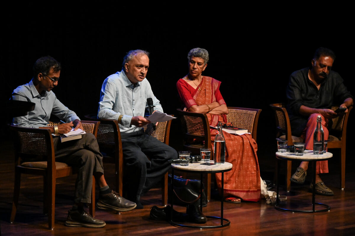(From Left) Arvind Narrain National Secretary, PUC, Ramachandra Guha Writer and Historian, Janaki Nair Professor and Historian and Prakash Raj Actor and Public Intellectual talks on 'Umar Khalid and His World' at Bangalore International Center on Tuesday. 