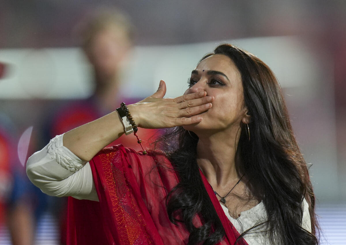Punjab Kings' co-owner Preity Zinta gestures after the Indian Premier League (IPL) 2026 T20 cricket match between Punjab Kings and Rajasthan Royals, in Mullanpur, Tuesday, April 28, 2026.