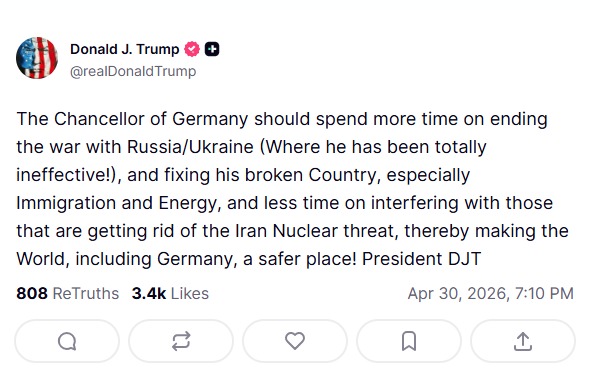 President Donald Trump's post on Truth Social