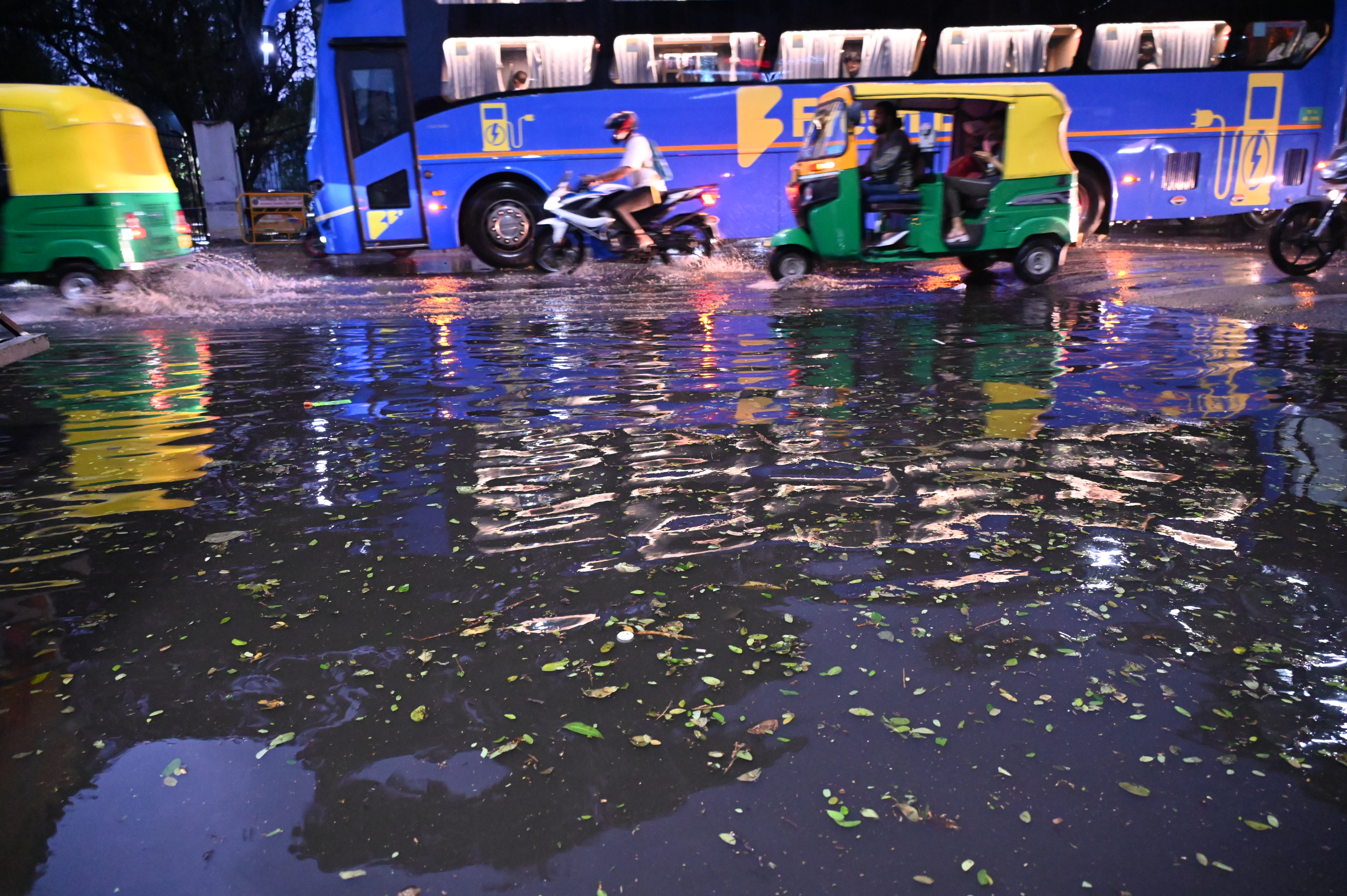 A waterlogged Sampangiramanagara Main Road following heavy rains in Bengaluru on Friday. 