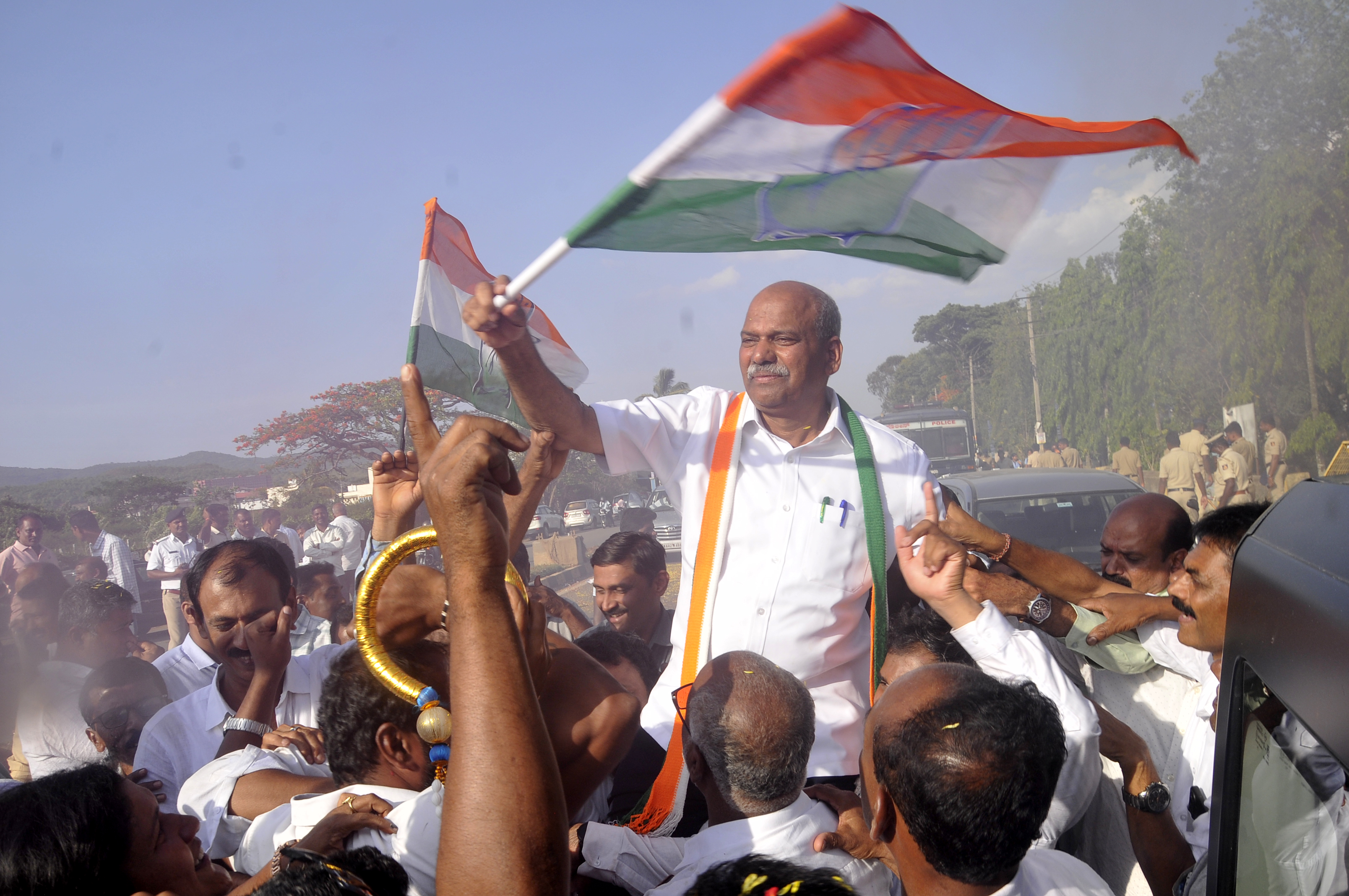 MLA T D Rajegowda celebrated with the Congress workers on Saturday noon. 