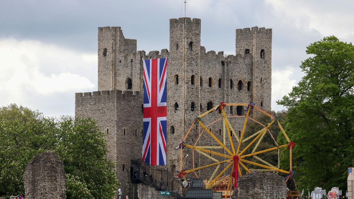 Rochester Castle is draped in a Union Jack in Rochester, Britain, May 3, 2026.