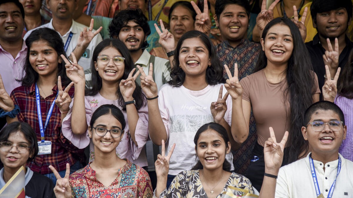 Students celebrate after the declaration of Maharashtra State Board HSC class 12 results, in Nagpur, Maharashtra, Saturday, May 2, 2026.