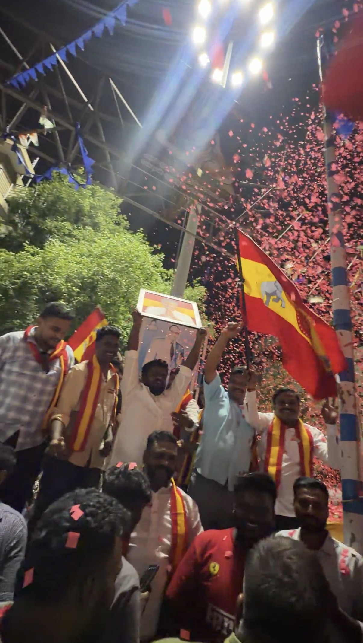Tamil actor Vijay fans celebrated his party’s victory at Srirampura on Monday.