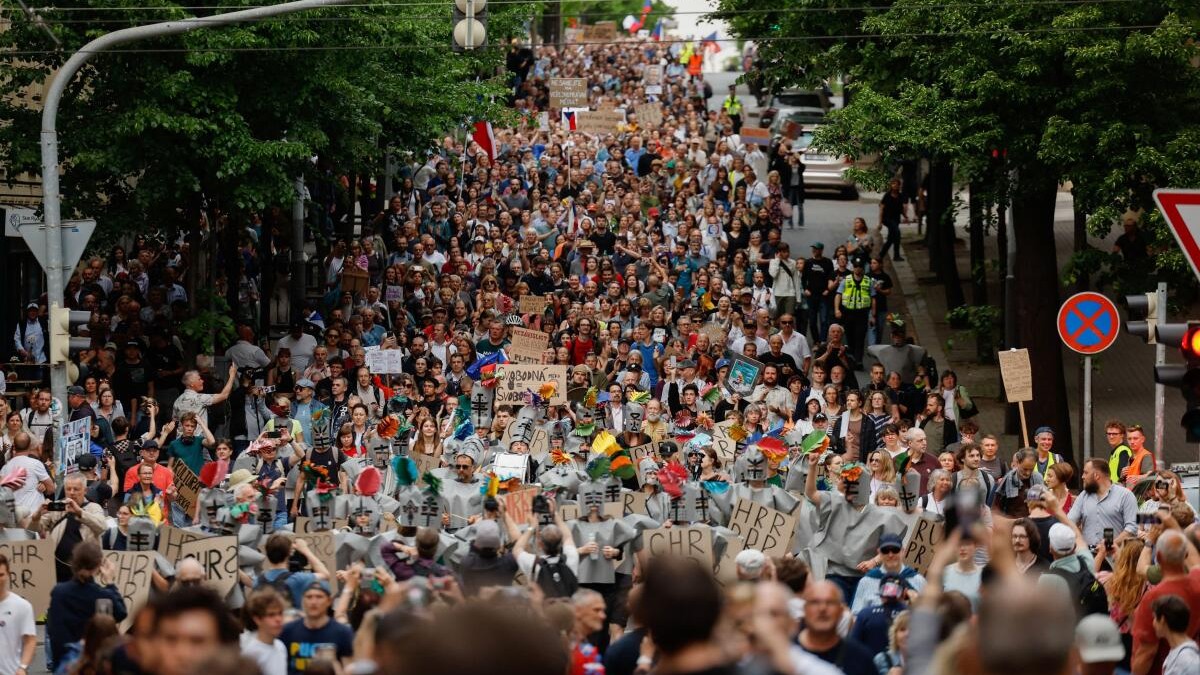 People attend a protest rally in support of public media as the Czech government plans to revamp and cut funding for Czech TV and Czech Radio, in Prague, Czech Republic, May 5, 2026.