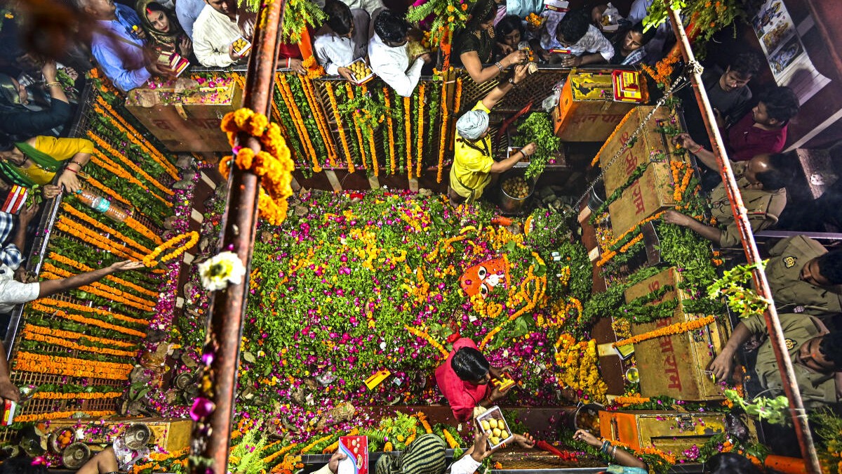 People offers prayers at Bade Hanuman Temple on the first Tuesday (Bada Mangal) of 'Jyeshtha' month, in Prayagraj, Uttar Pradesh, May 5, 2026.