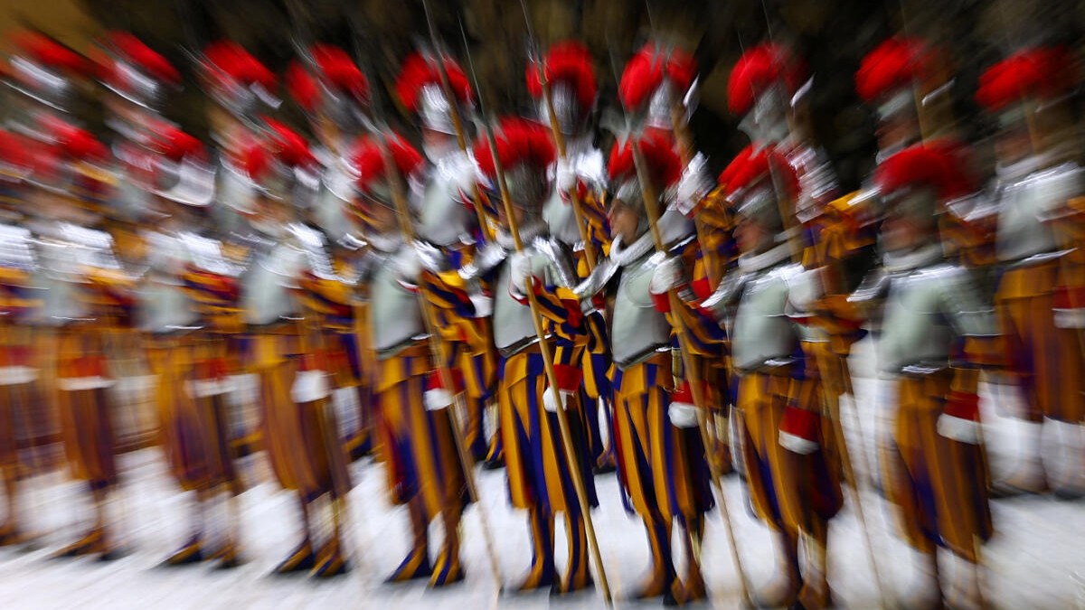 The Vatican's Swiss Guards take part in their swearing-in ceremony in Paul VI Hall in the Vatican, May 6, 2026. Photo taken with a zoom effect.