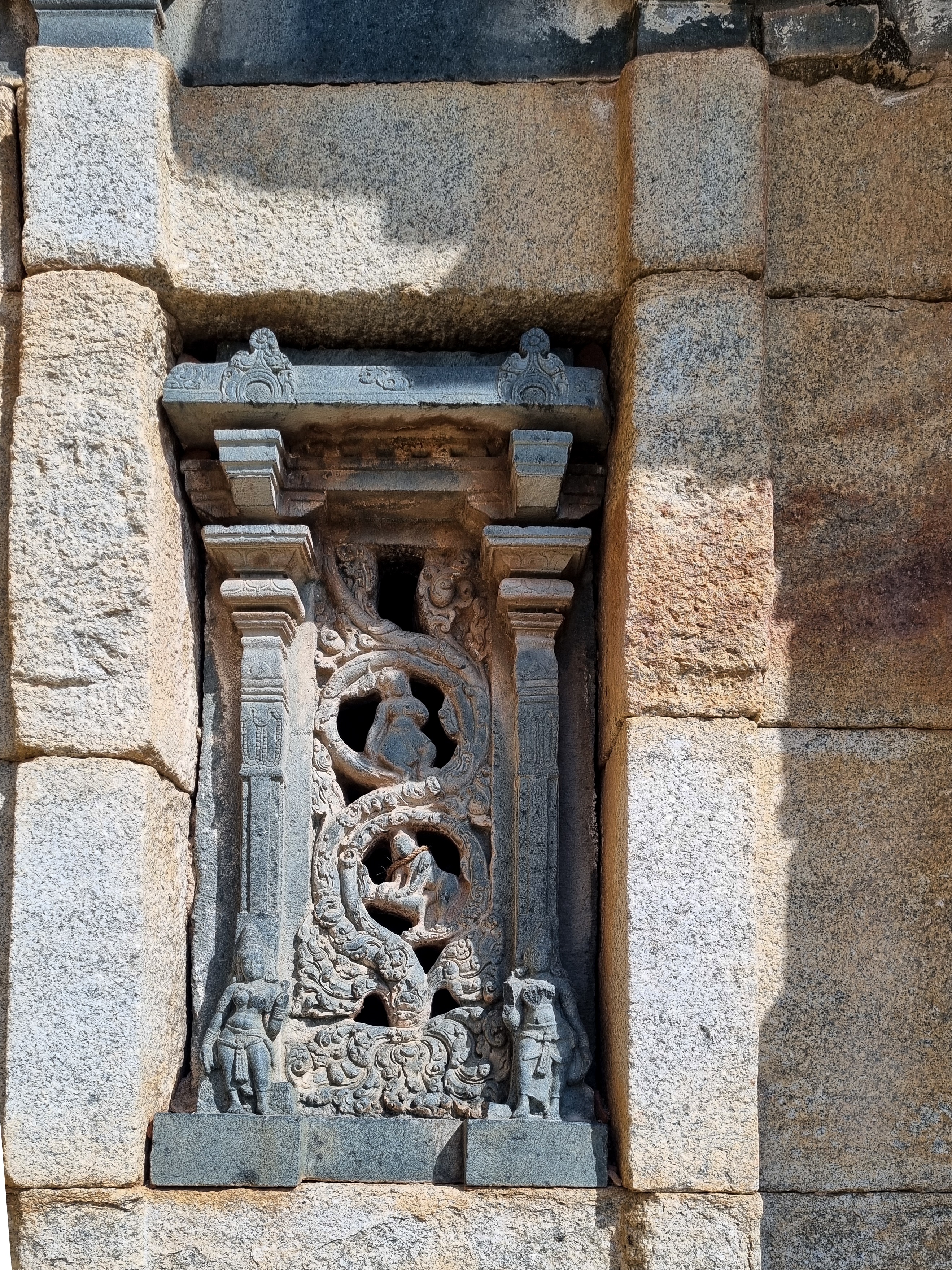 A finely carved perforated stone window at the Doddeswara Temple in Hemavathi. 