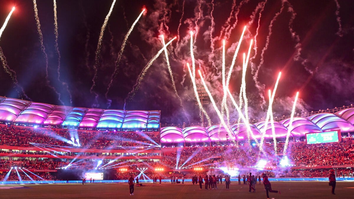 Fireworks explode in the middle of the break during an Indian Premier League (IPL) 2026 T20 cricket match between Sunrisers Hyderabad and Punjab Kings, in Hyderabad, Telangana.