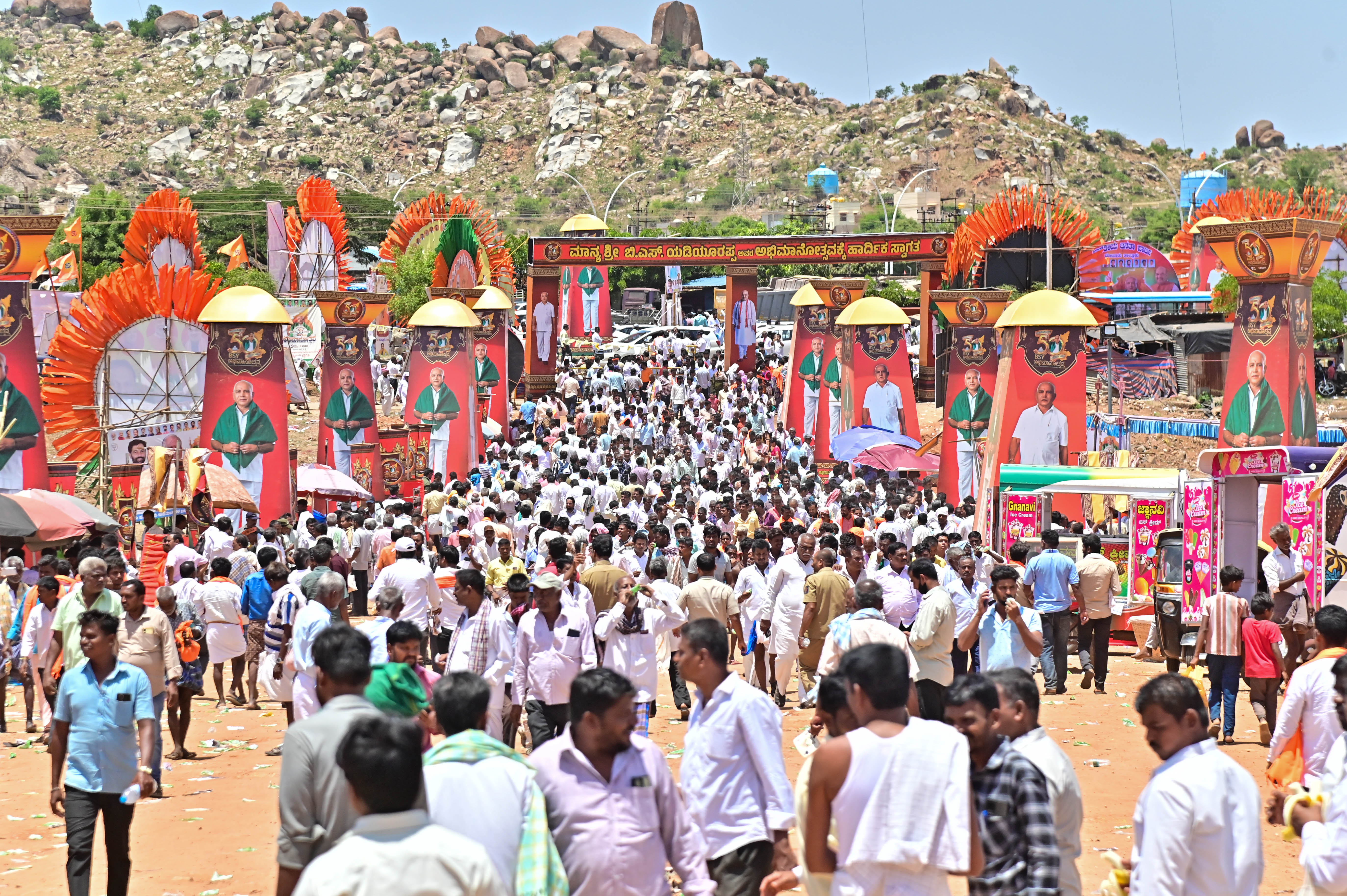 A huge crowd throngs the venue of the programme organised to mark 50 years of Yediyurappa’s public service.