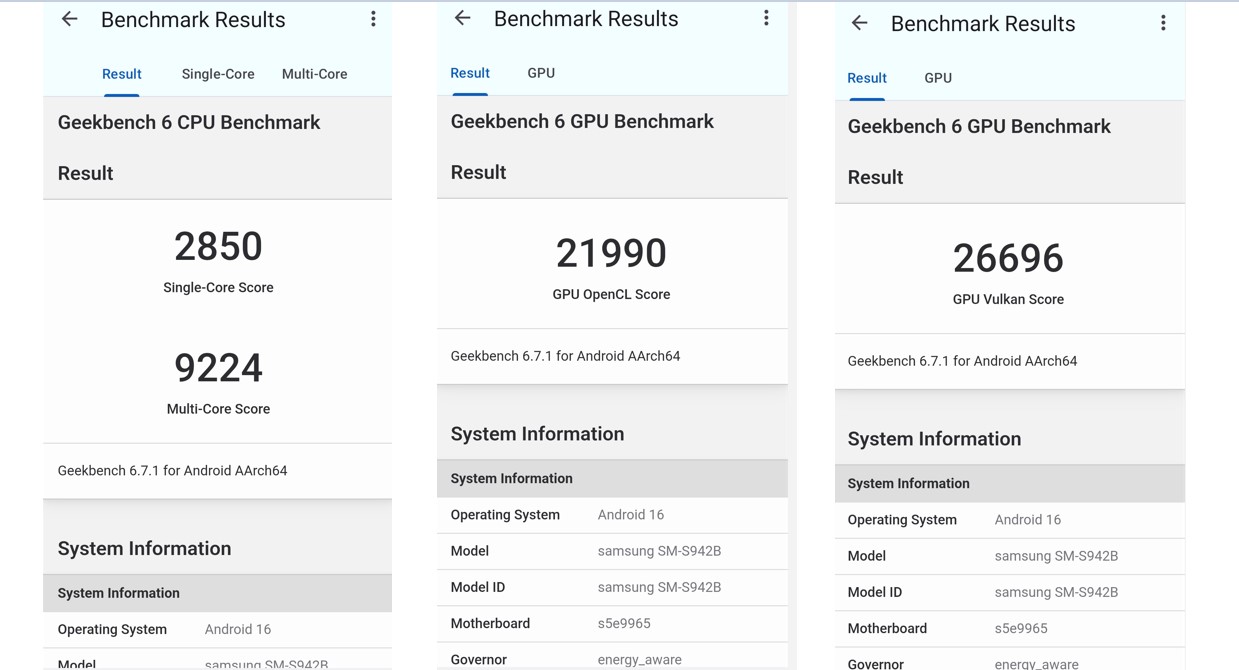 Samsung Galaxy S26's CPU and GPU performance score on Geekbench 6.0.