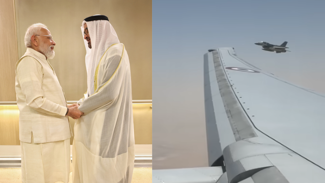 Watch |UAE's F-16 jet escorts PM Modi's aircraft on arrival in Abu Dhabi 