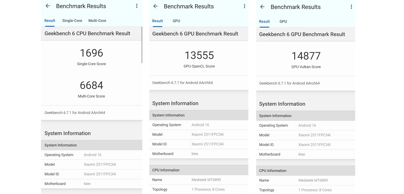 Poco X8 Pro's CPU and GPU performance score on Geekbench 6.0.