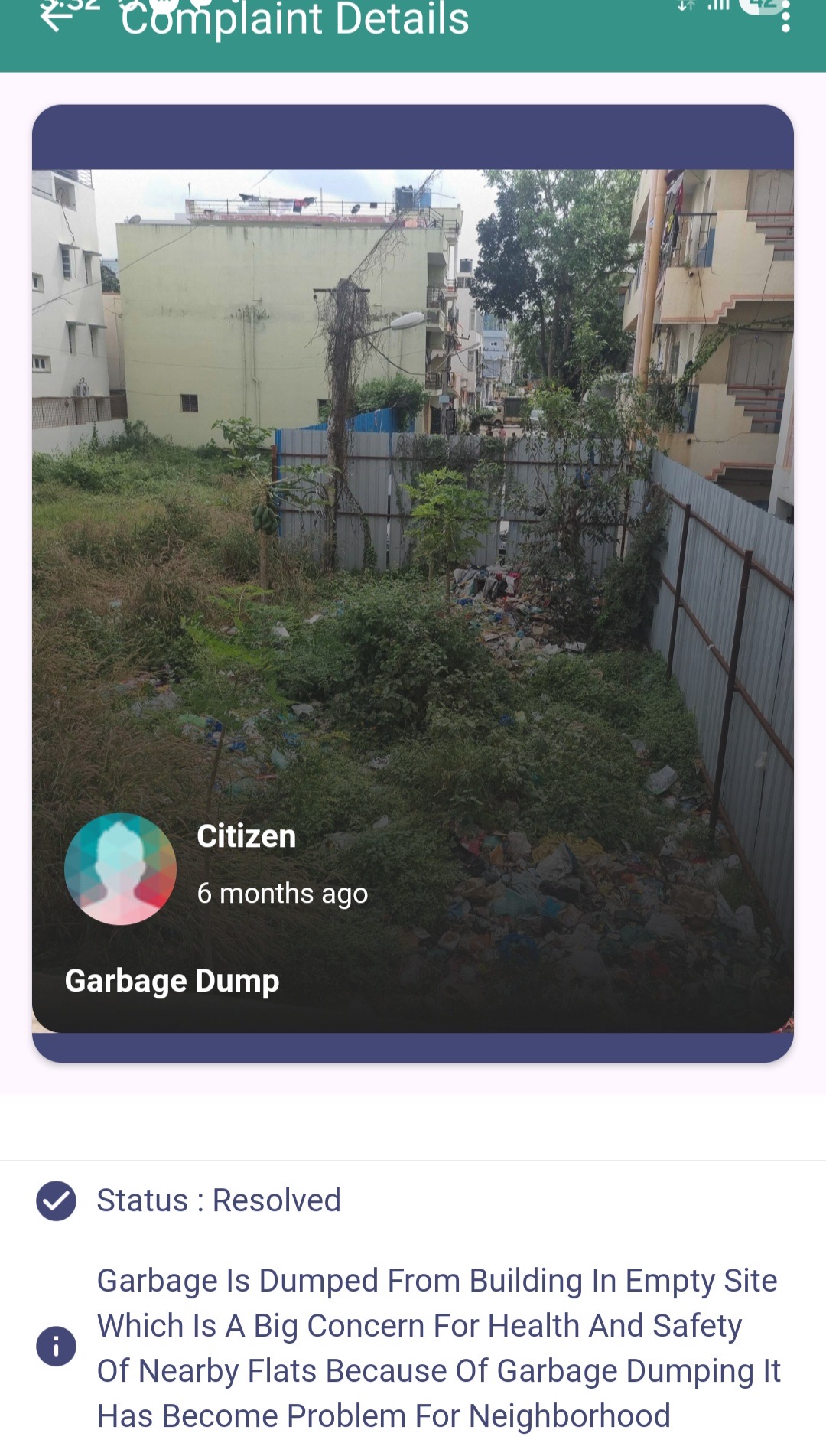 Pic 1: The screen grab of the complaint filed in the civic agency’s redressal app which notes that the reported problem has been solved.