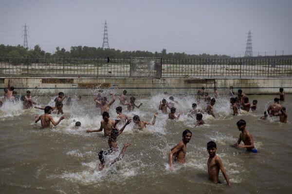 People swim at a public swimming pool on a hot summer day in New Delhi.