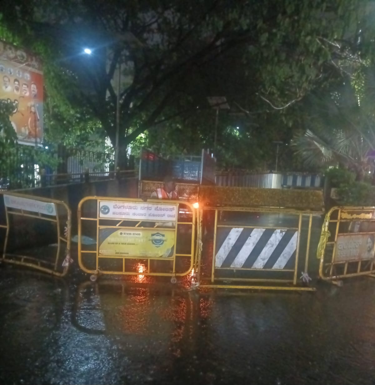 Barricades placed at the entrance of the KR Circle underpass on Tuesday evening.