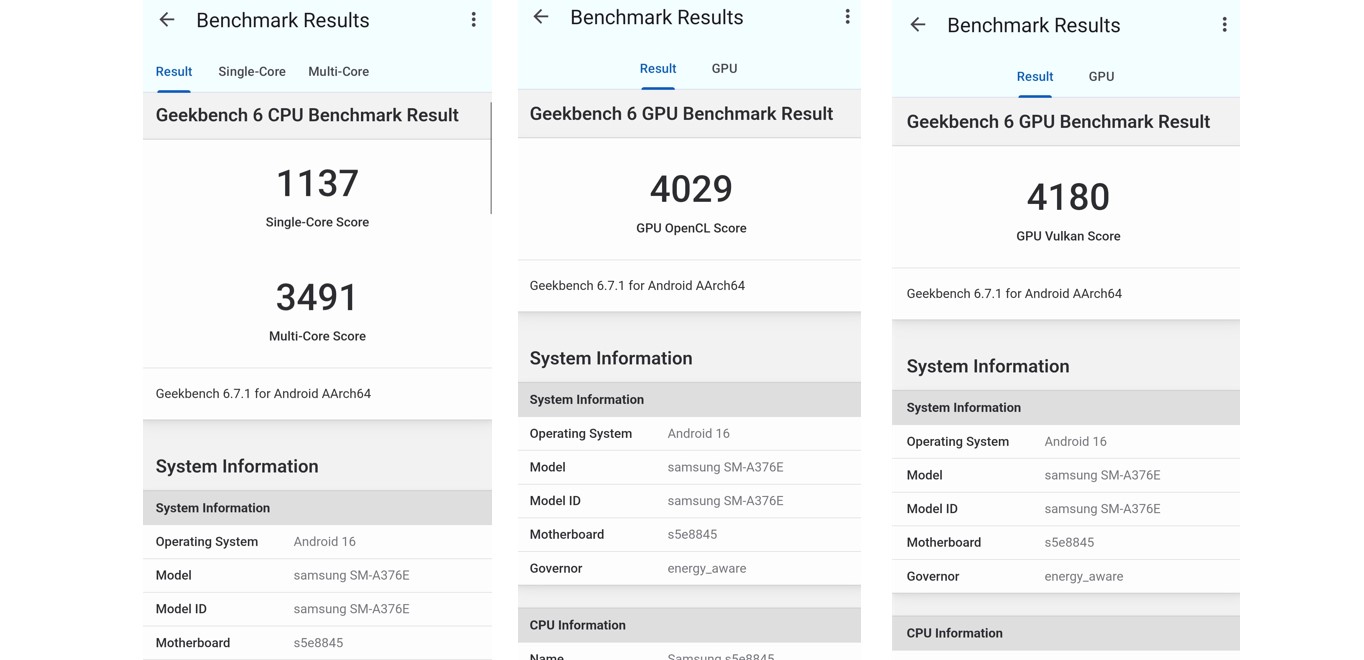 Samsung Galaxy A37 5G's CPU and GPU performance score on Geekbench 6.0 app.