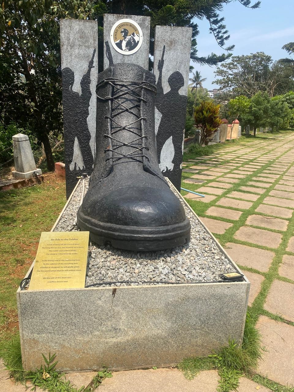 A military boot sculpted in cement displayed on the General Thimayya Museum premises in Madikeri.