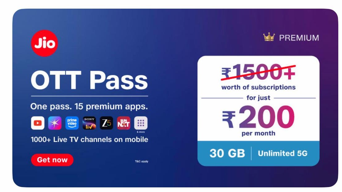 Reliance Jio's Rs 200 'OTT Pass' offers unlimited access to 15 multimedia content apps and more