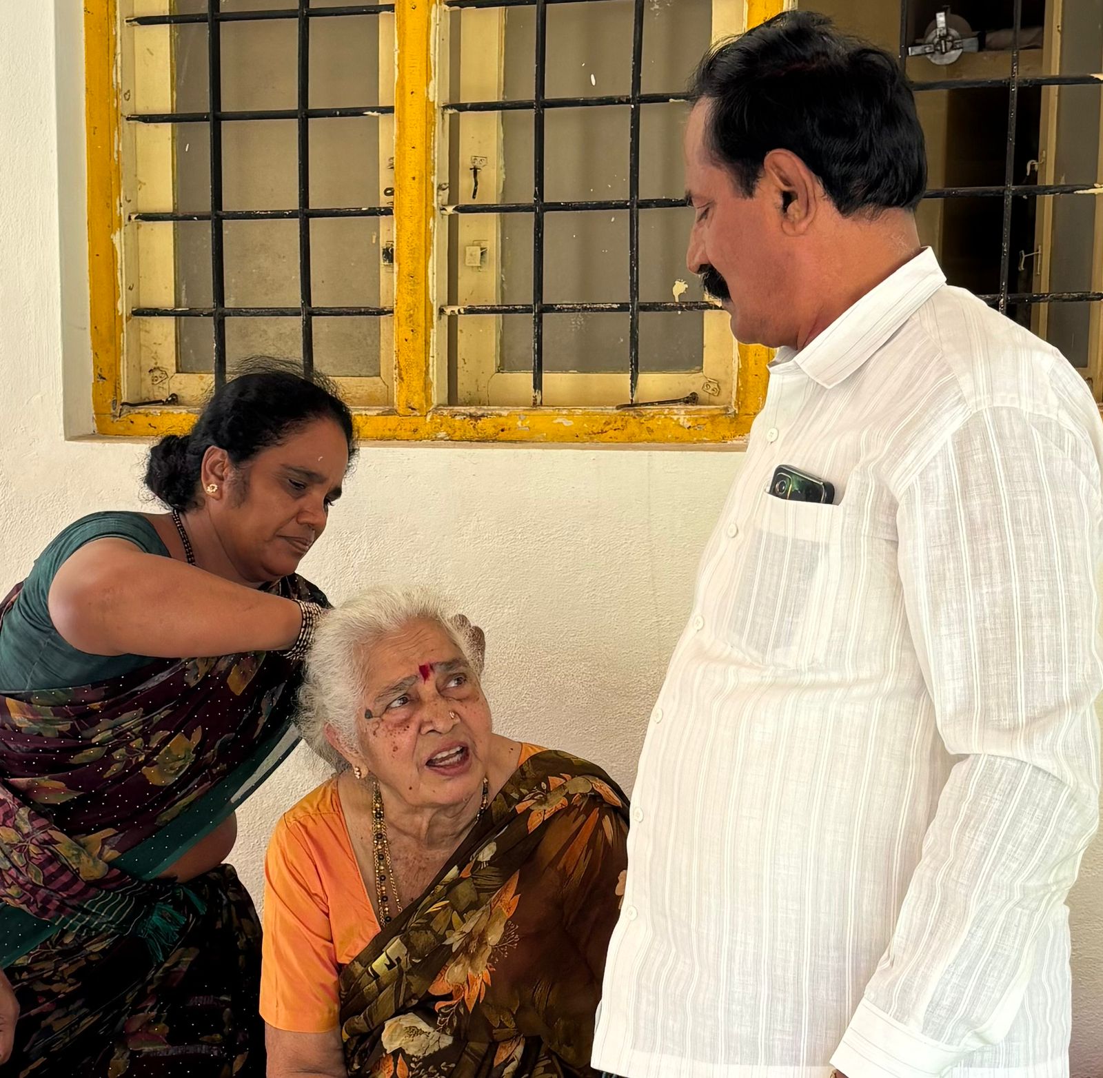 84-year-old Gowramma, the mother of D K Shivakumar at his Kodihalli residence at Kanakapura on Sunday.