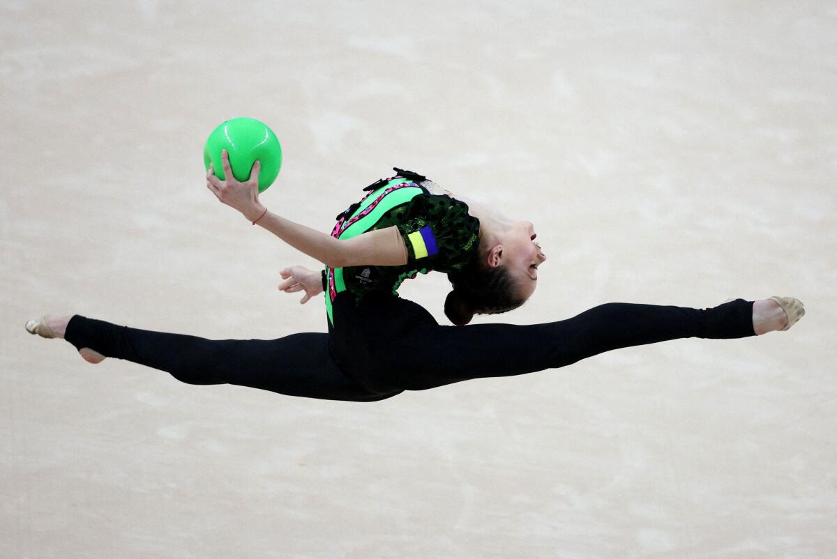 Ukraine's Taisiia Onofriichuk performs during the senior individuals apparatus final.