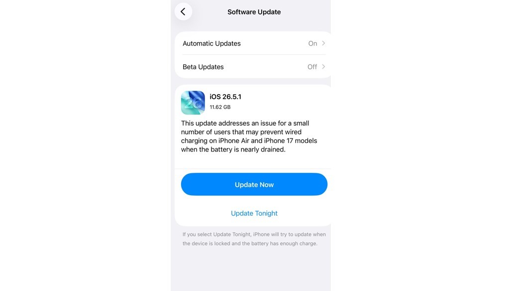 Apple iOS 26.5.1 update.