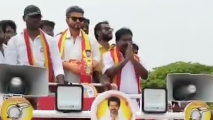 A life-size cut-off Vijay with folded hands showcased during the election campaign.