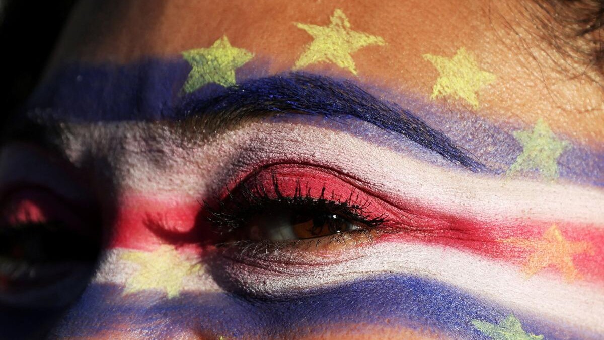 Cape Verdean fan Jackie Fontes watches during the match at the Dorchester Watch Festival in Boston.