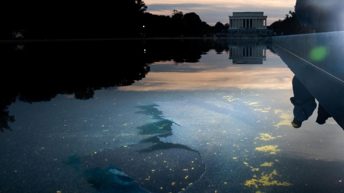 Chipped paint and algae are seen on the Lincoln Memorial's reflecting pool, following recent renovations following a directive by US President Donald Trump to paint it blue ahead of the 250th anniversary of US Independence, in Washington, DC, US, June 21, 2026.