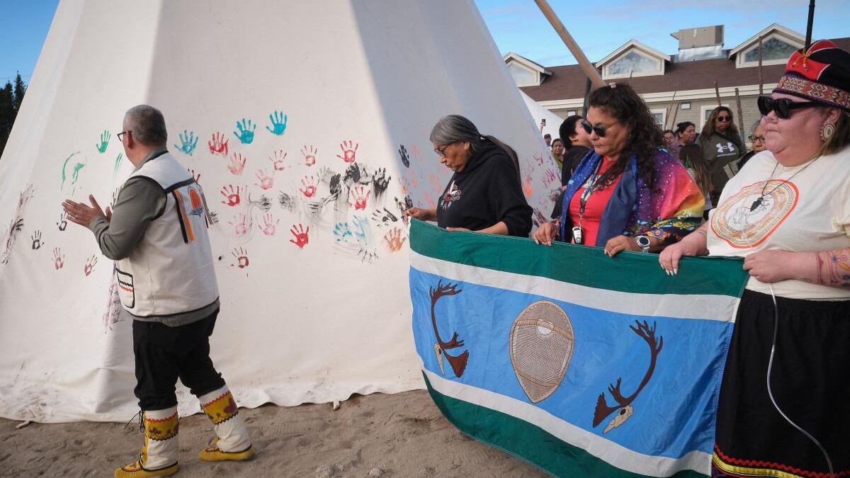 Chief Eugene Hart of the Sheshatshiu Innu First Nations leads a round dance for National Indigenous Peoples Day in Sheshatshiu, Newfoundland, Canada, on June 21,