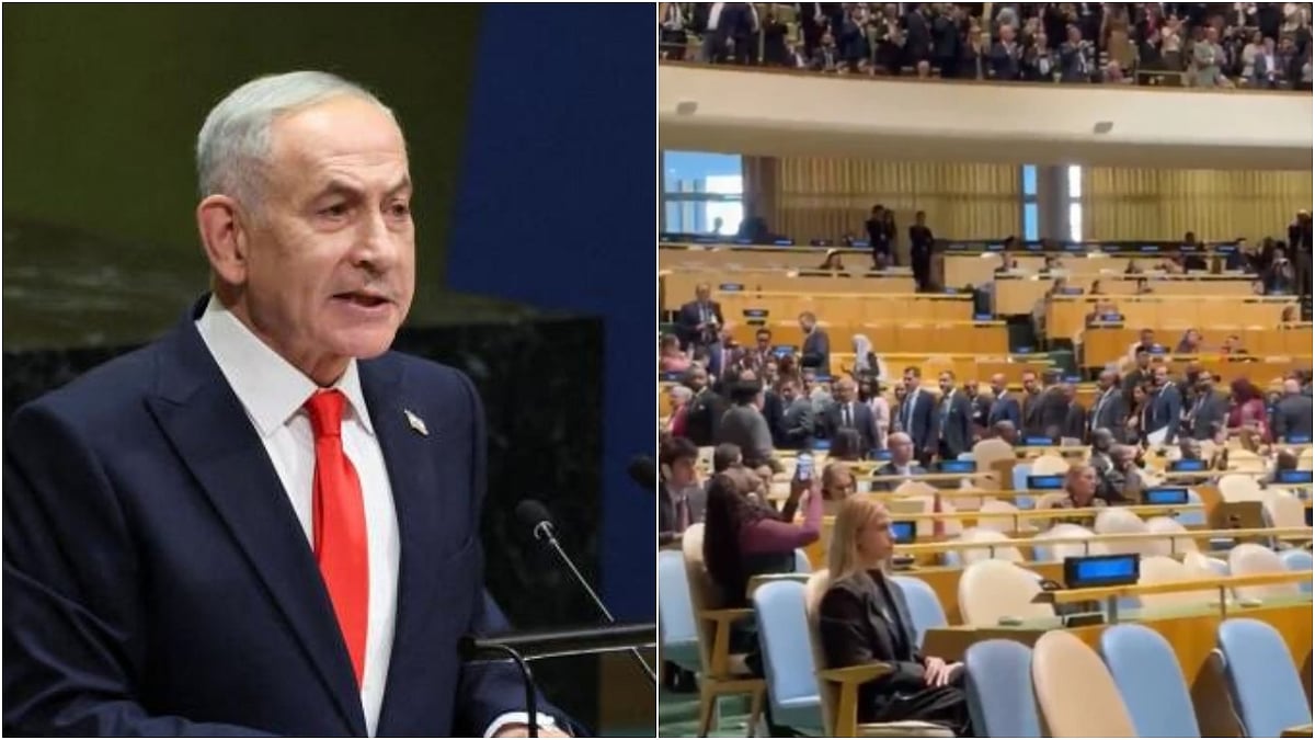 Dozens of delegates walk out of UN hall at start of Netanyahu's speech; Israeli leader calls them 'moral cowards'