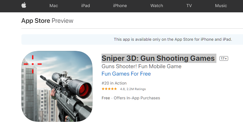 Sniper 3D: Gun Shooting Games on Apple App Store (scree-grab)