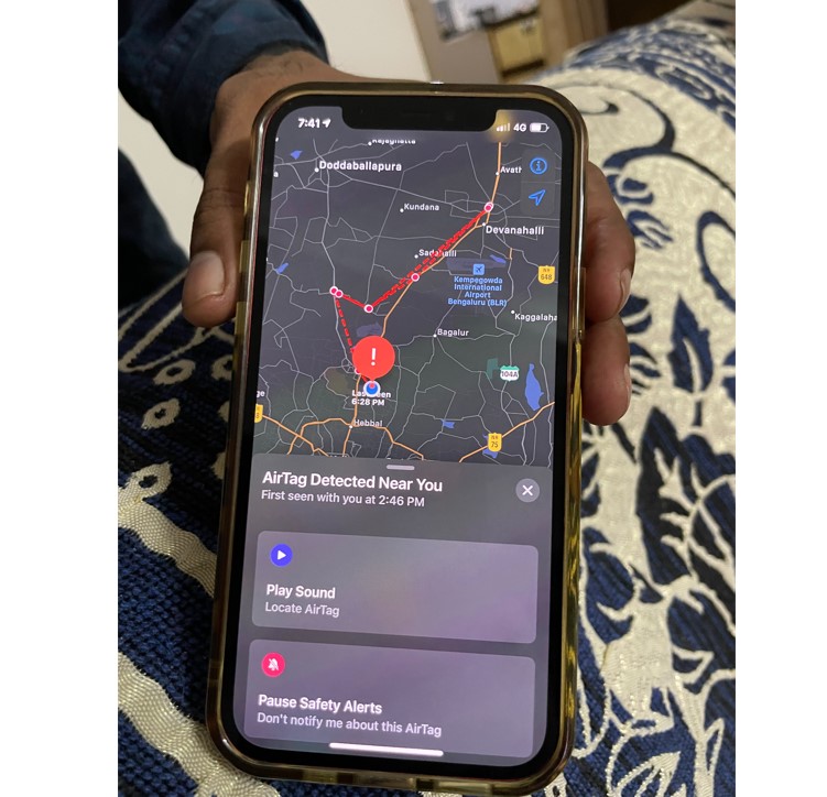 Apple's Find My app shows a warning on the iPhone that an AirTag is following the owner. Credit: DH Photo/KVN Rohit