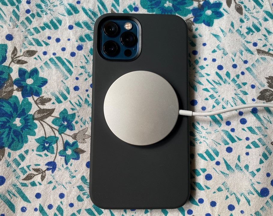 MagSafe charger attached on the back of the Apple iPhone 12 Pro. Credit: DH Photo/KVN Rohit
