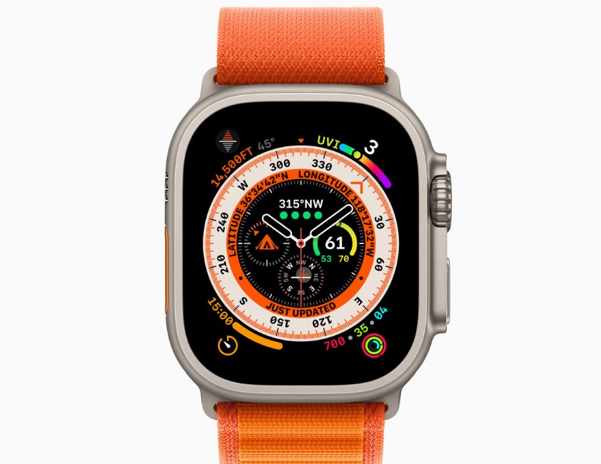 Wayfinder watch face is designed specifically for Apple Watch Ultra and includes space for up to eight complications. Credit: Apple