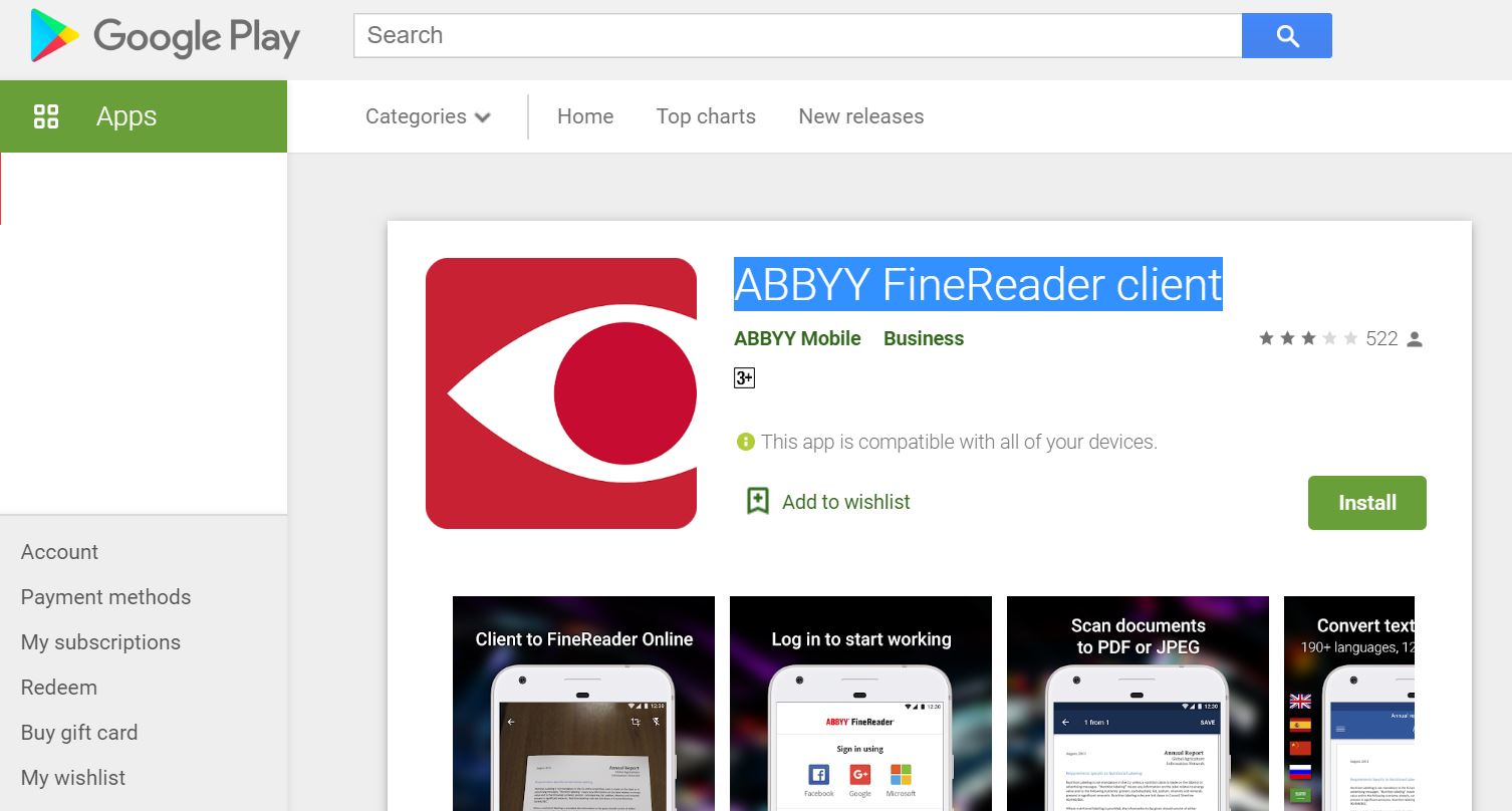 ABBYY FineReader client on Google Play store (screen-grab)