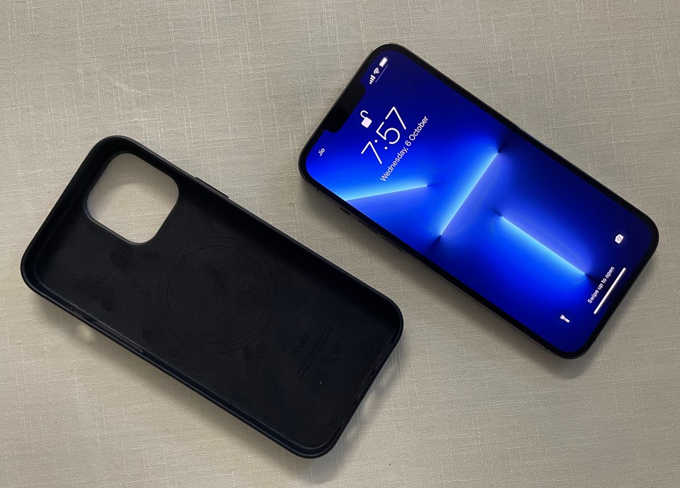 The iPhone 13 Pro Max with an Apple leather case. Credit: DH Photo/KVN Rohit