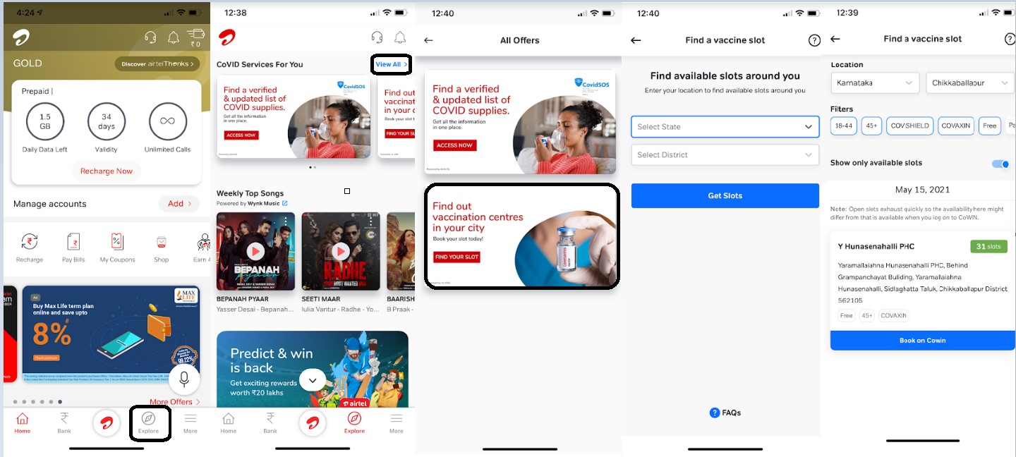 How to locate vaccine slot finder tool on Airtel Thanks app. Credit: DH Photo/KVN Rohit